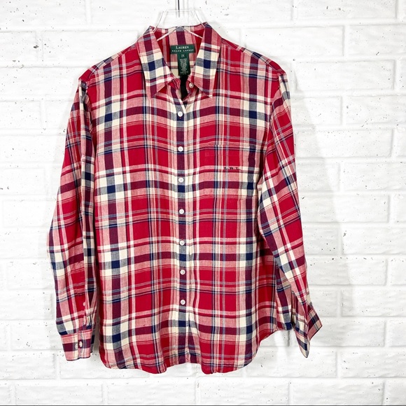 Lauren Ralph Lauren Tops - LAUREN RALPH LAUREN Red Plaid Linen Long Sleeve Button Up Shirt